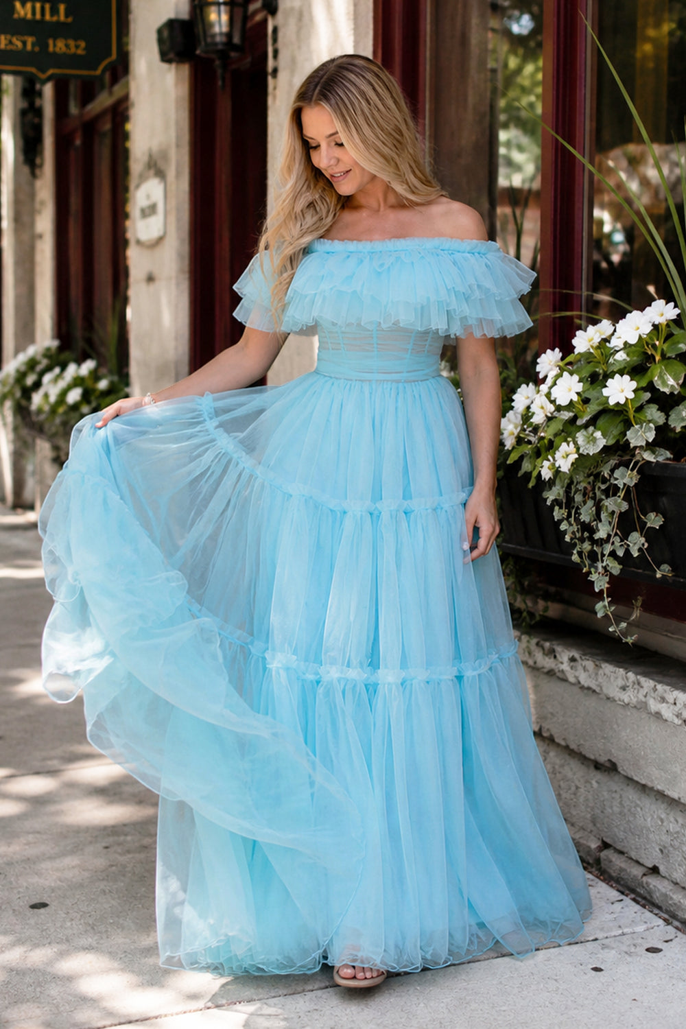 Mikelle | Ruffles Off the Shoulder Corset A - line Long Formal Dress - KissProm