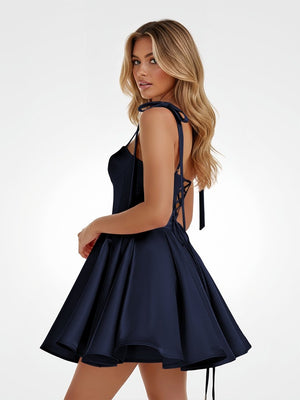 Mirel | Navy Blue - Spaghetti Straps Satin Pleated A Line Homecoming Dresses With Bow