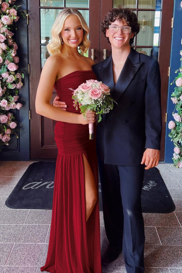 Hot Pink Sheath Strapless Pleated Chiffon Long Prom Dresses – Prom Dresses by KissProm | Available at KissProm