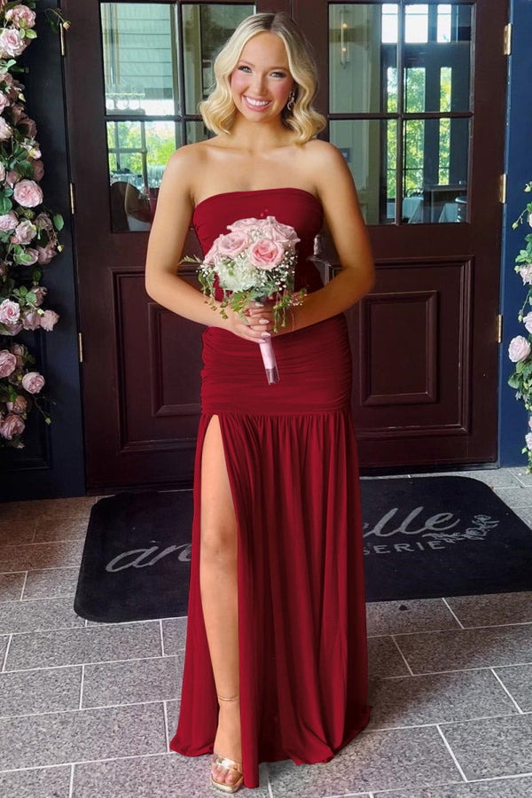 Hot Pink Sheath Strapless Pleated Chiffon Long Prom Dresses – Prom Dresses by KissProm | Available at KissProm