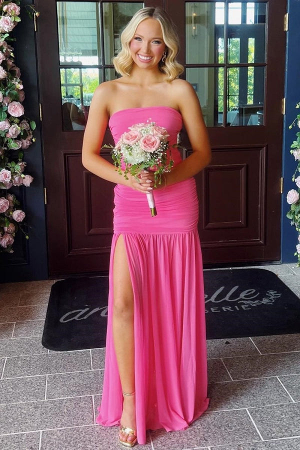 Hot Pink Sheath Strapless Pleated Chiffon Long Prom Dresses – Prom Dresses by KissProm | Available at KissProm