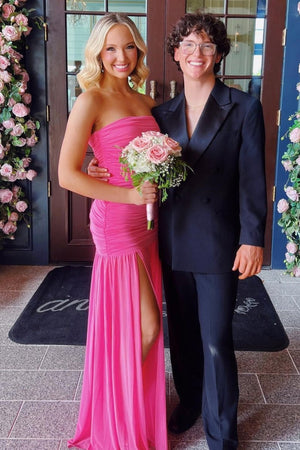 Hot Pink Sheath Strapless Pleated Chiffon Long Prom Dresses – Prom Dresses by KissProm | Available at KissProm