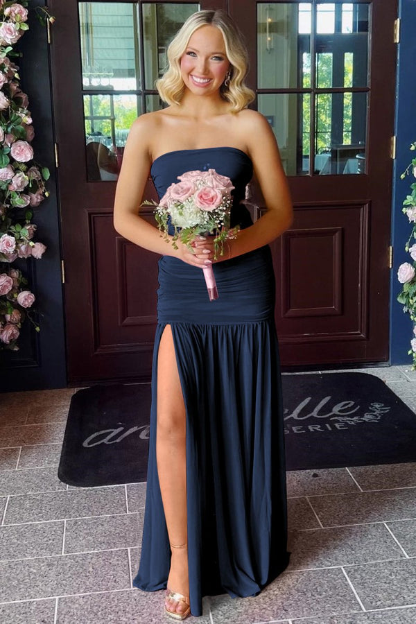 Hot Pink Sheath Strapless Pleated Chiffon Long Prom Dresses – Prom Dresses by KissProm | Available at KissProm