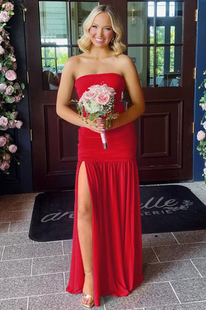 Hot Pink Sheath Strapless Pleated Chiffon Long Prom Dresses – Prom Dresses by KissProm | Available at KissProm