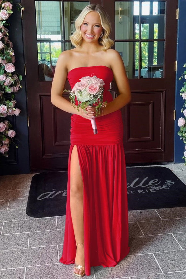 Hot Pink Sheath Strapless Pleated Chiffon Long Prom Dresses – Prom Dresses by KissProm | Available at KissProm