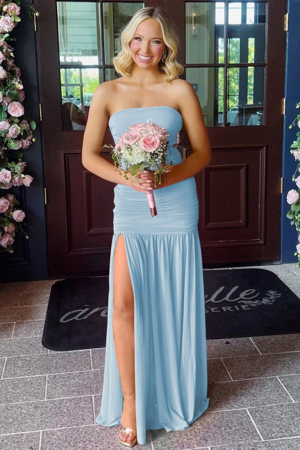 Hot Pink Sheath Strapless Pleated Chiffon Long Prom Dresses – Prom Dresses by KissProm | Available at KissProm