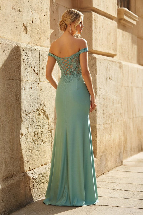 Green Off The Shoulder Appliqued Mermaid Prom Dress With Split - KissProm