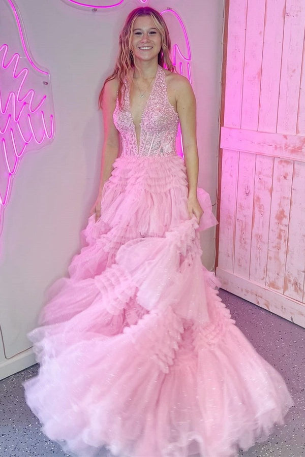 Morton|Red Tulle Appliques Halter Ruffle Tiered Ball Gown