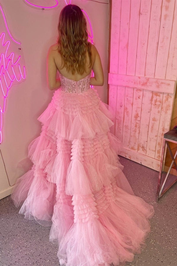 Morton|Red Tulle Appliques Halter Ruffle Tiered Ball Gown