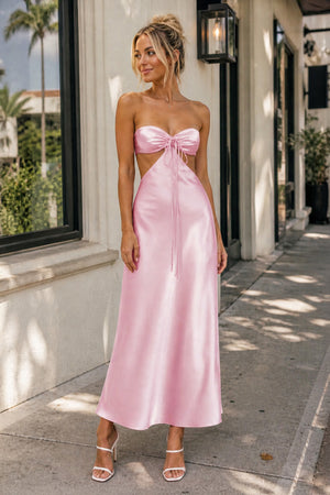 Nadine | PInk Strapless Back Tie Satin A - line Prom Dress - KissProm