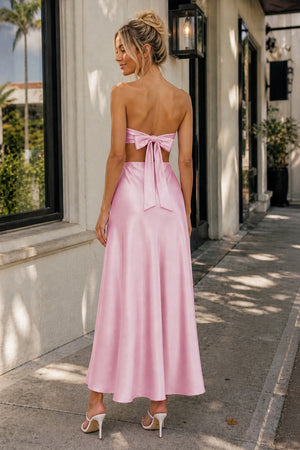 Nadine | PInk Strapless Back Tie Satin A - line Prom Dress - KissProm