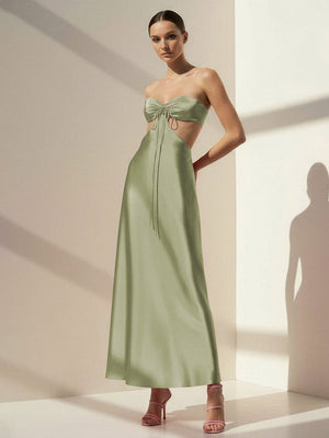 Nadine | PInk Strapless Back Tie Satin A - line Prom Dress - KissProm