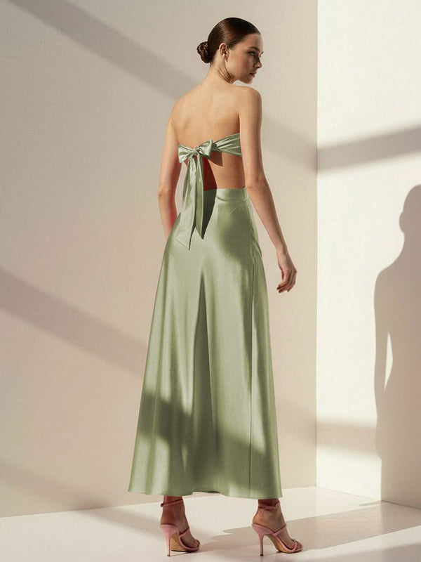 Nadine | PInk Strapless Back Tie Satin A - line Prom Dress - KissProm