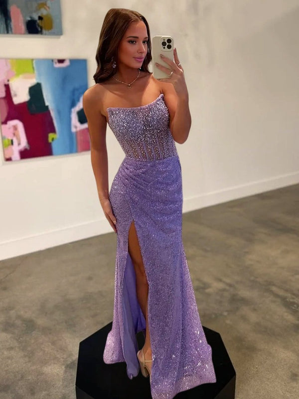 Strapless Mermaid Long Sequins Prom Dress With Split – Prom Dress by KissProm | Available at KissProm