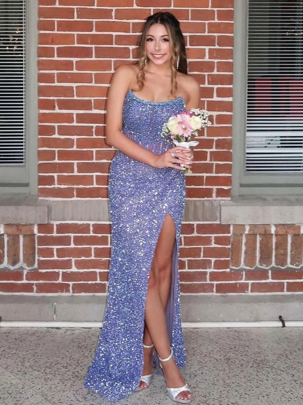 Strapless Mermaid Long Sequins Prom Dress With Split – Prom Dress by KissProm | Available at KissProm