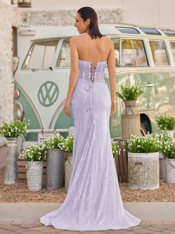 Strapless Mermaid Long Sequins Prom Dress With Split – Prom Dress by KissProm | Available at KissProm