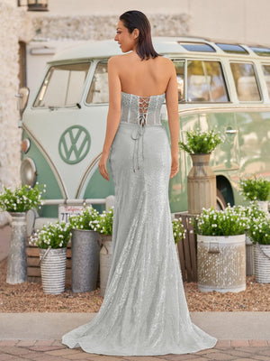 Strapless Mermaid Long Sequins Prom Dress With Split – Prom Dress by KissProm | Available at KissProm