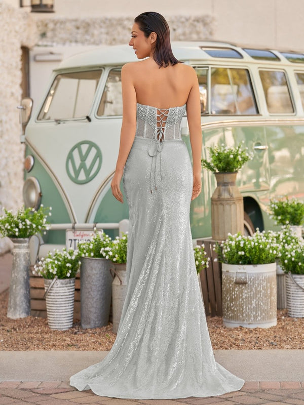 Strapless Mermaid Long Sequins Prom Dress With Split – Prom Dress by KissProm | Available at KissProm