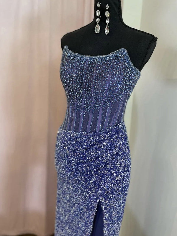 Strapless Mermaid Long Sequins Prom Dress With Split – Prom Dress by KissProm | Available at KissProm