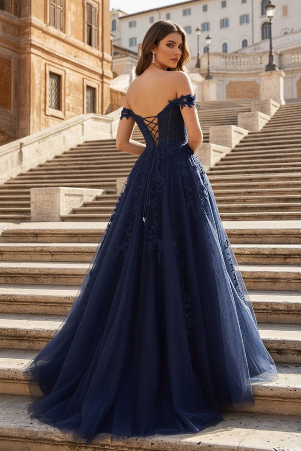Navy Blue A - line Sweetheart Lace Tulle Prom Dress with Slit - KissProm