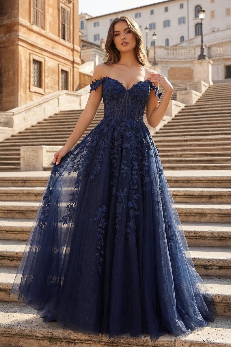 Navy Blue A - line Sweetheart Lace Tulle Prom Dress with Slit - KissProm