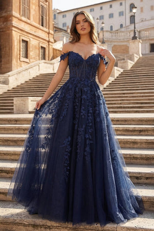Navy Blue A - line Sweetheart Lace Tulle Prom Dress with Slit - KissProm