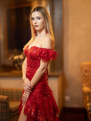 Sheath Off the Shoulder Long Lace Prom Dress (Lace-up Back) – Prom Dress by KissProm | Available at KissProm