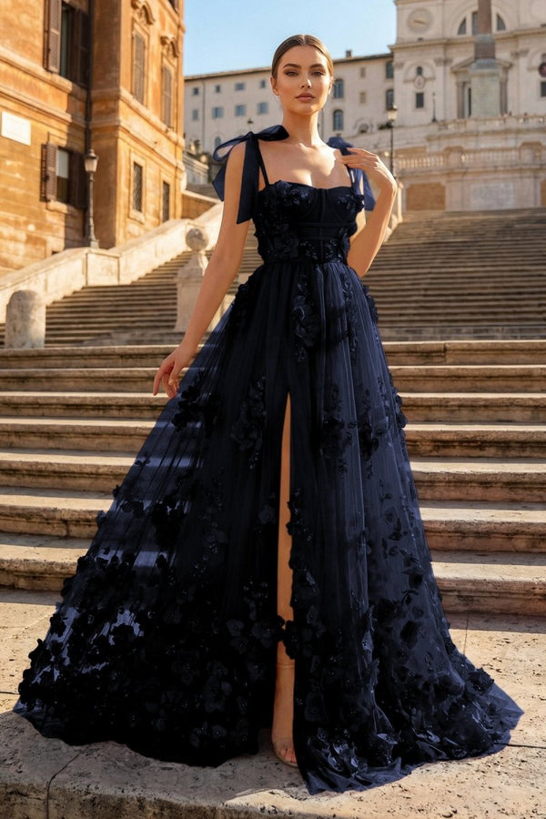 Scarlet Tulle A - line 3D Flower Long Prom Dress With Slit - KissProm