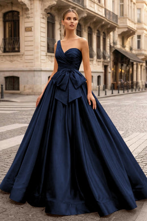 One Shoulder Satin A Line Prom Dress With Bow - KissProm