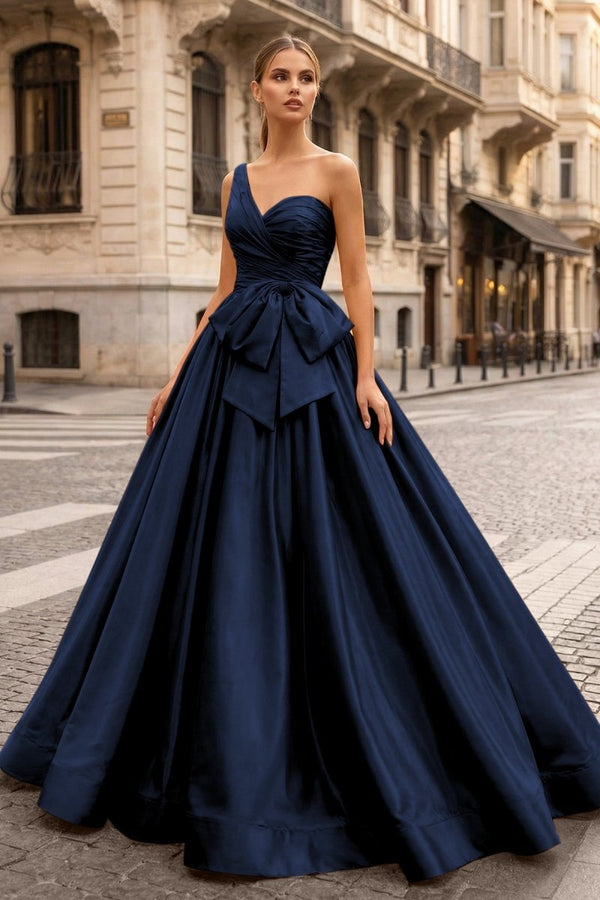 One Shoulder Satin A Line Prom Dress With Bow - KissProm