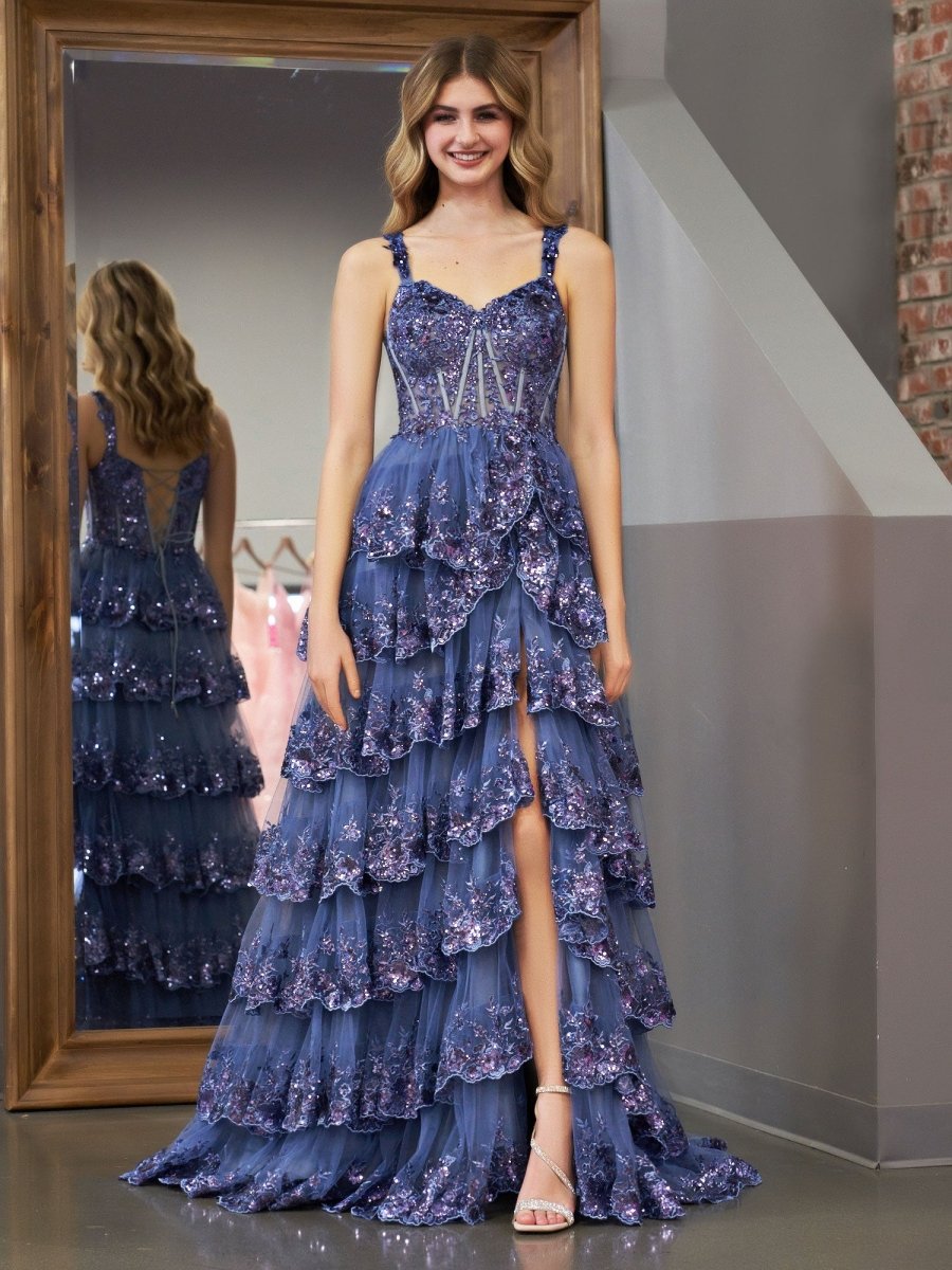 Grey Blue Princess A Line Spaghetti Straps Corset Prom Dress with Lace Ruffles – Prom Dress by KissProm | Available at KissProm