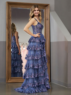 Grey Blue Princess A Line Spaghetti Straps Corset Prom Dress with Lace Ruffles – Prom Dress by KissProm | Available at KissProm