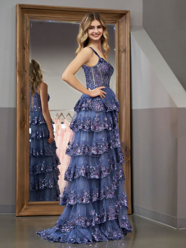 Grey Blue Princess A Line Spaghetti Straps Corset Prom Dress with Lace Ruffles – Prom Dress by KissProm | Available at KissProm