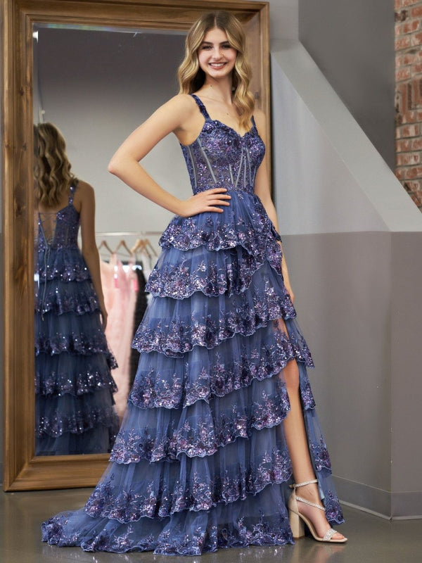 Grey Blue Princess A Line Spaghetti Straps Corset Prom Dress with Lace Ruffles – Prom Dress by KissProm | Available at KissProm
