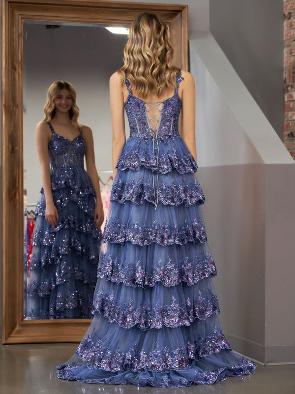 Grey Blue Princess A Line Spaghetti Straps Corset Prom Dress with Lace Ruffles – Prom Dress by KissProm | Available at KissProm