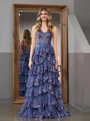 Grey Blue Princess A Line Spaghetti Straps Corset Prom Dress with Lace Ruffles – Prom Dress by KissProm | Available at KissProm