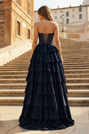 Gray Sweetheart A Line Satin Ruffled Long Prom Dresses With Slit - KissProm