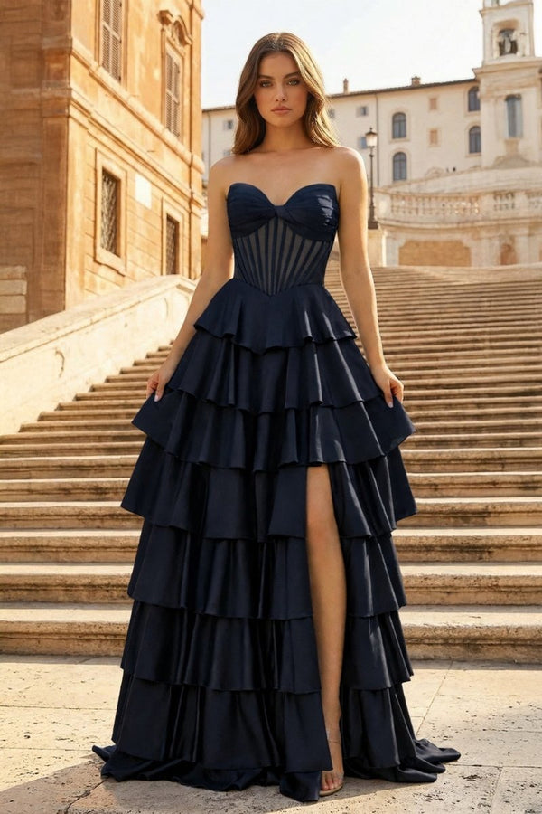 Gray Sweetheart A Line Satin Ruffled Long Prom Dresses With Slit - KissProm