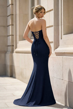 Fuchsia Strapless Mermaid Satin Long Prom Dresses With Beading - KissProm