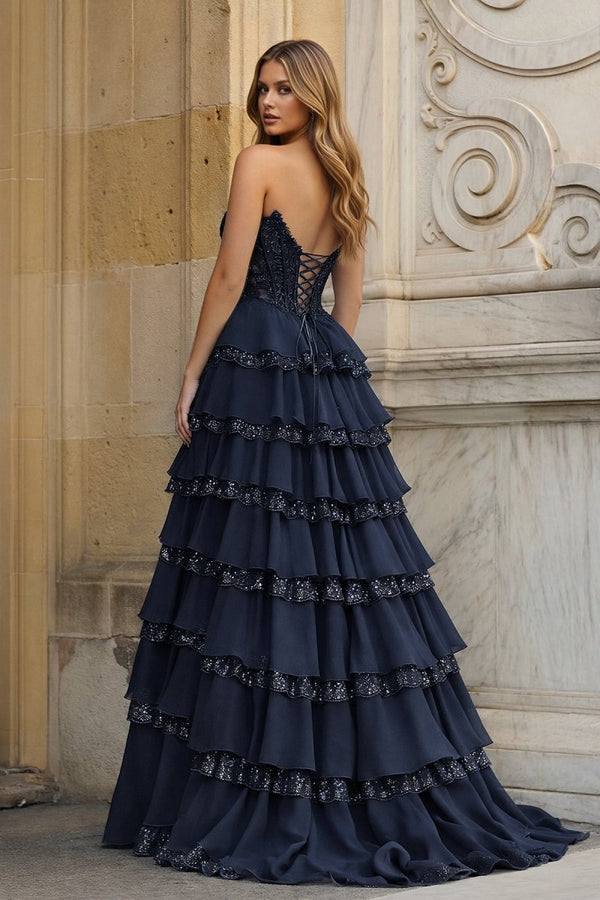 Sky Blue Sweetheart A Line Sequined Lace Ruffled Long Prom Dresses With Appliques – Prom Dress by KissProm | Available at KissProm