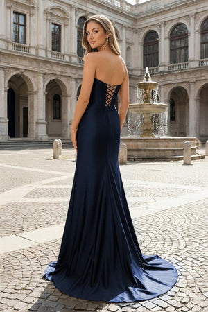 Royal Blue Sweetheart Satin Mermaid Long Prom Dresses with Beading - KissProm