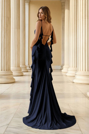 Yellow Spaghetti Straps Mermaid Satin Ruffled Long Prom Dresses With Slit - KissProm