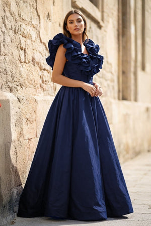 Red Ruffle V Neck Satin A - Line Long Prom Dresses - KissProm