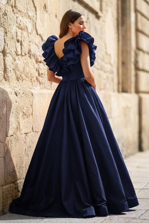 Red Ruffle V Neck Satin A - Line Long Prom Dresses - KissProm