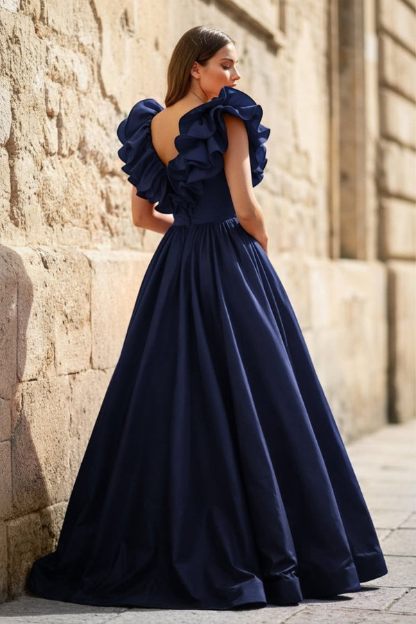Red Ruffle V Neck Satin A - Line Long Prom Dresses - KissProm