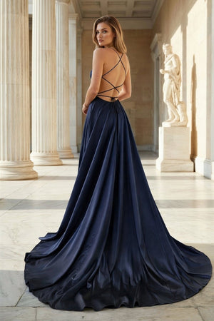 Pink Spaghetti Straps Satin Backless A Line Prom Dress With Pockets - KissProm