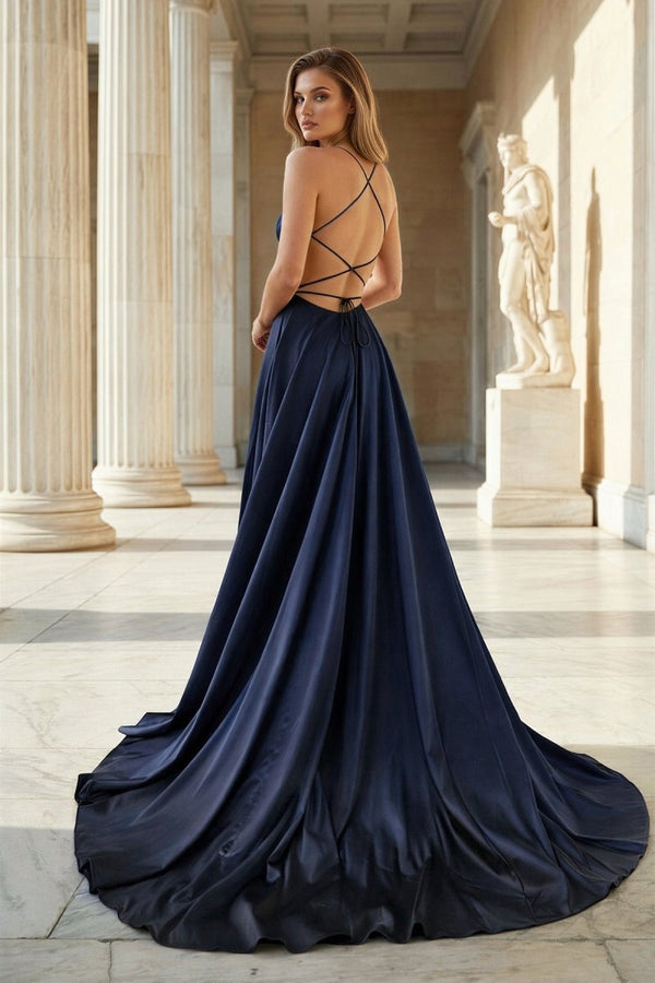 Pink Spaghetti Straps Satin Backless A Line Prom Dress With Pockets - KissProm