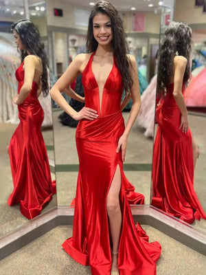 Navy Halter Corset Mermaid Ruched Long Formal Dress with Slit – Prom Dress by KissProm | Available at KissProm