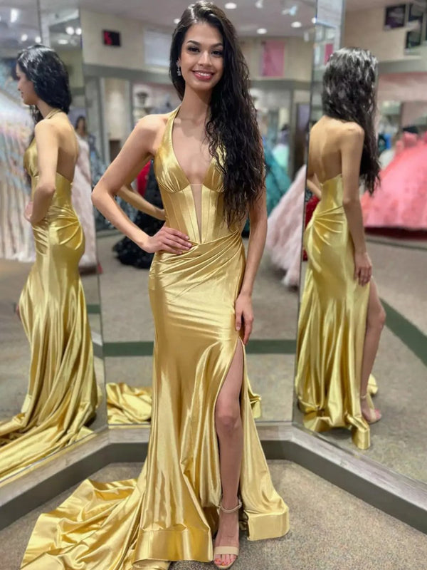 Navy Halter Corset Mermaid Ruched Long Formal Dress with Slit – Prom Dress by KissProm | Available at KissProm