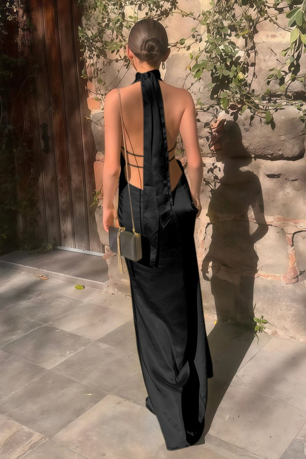 Yellow - Halter Deep V Neck Satin Sheath Backless Long Prom Dresses – Prom Dress by KissProm | Available at KissProm